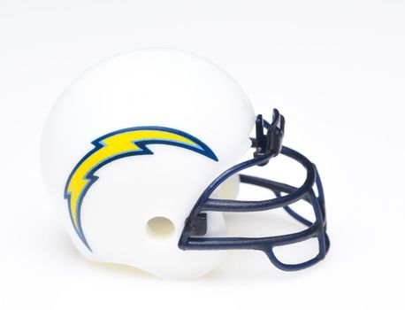 IRVINE, CALIFORNIA - AUGUST 30, 2018: Mini Collectable Football Helmet for the Los Angeles Chargers of the American Football Conference West.