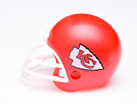 IRVINE, CALIFORNIA - AUGUST 30, 2018: Mini Collectable Football Helmet for the Kansas City Chiefs of the American Football Conference West.