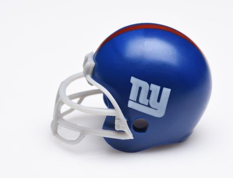 IRVINE, CALIFORNIA - SEPTEMBER 5, 2018: Mini Collectable Football Helmet for the New York Giants of the National Football Conference East.