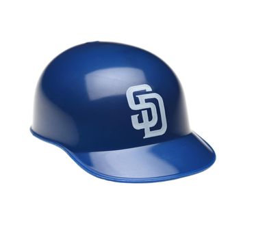IRVINE, CALIFORNIA - FEBRUARY 27, 2019:  Closeup of a mini collectable batters helmet for the San Diego Padres of Major League Baseball.