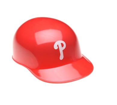 IRVINE, CALIFORNIA - FEBRUARY 27, 2019:  Closeup of a mini collectable batters helmet for the Philadelphia Phillies of Major League Baseball.