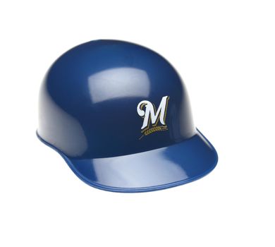 IRVINE, CALIFORNIA - FEBRUARY 27, 2019:  Closeup of a mini collectable batters helmet for the Milwaukee Brewers of Major League Baseball.