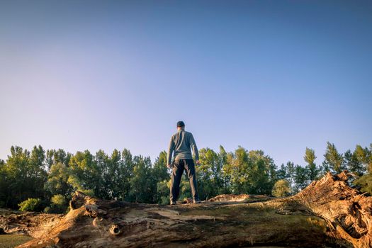 A man on a tree trunk brought by the water to the riverbank. An adventurous spirit.