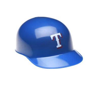 IRVINE, CALIFORNIA - FEBRUARY 27, 2019:  Closeup of a mini collectable batters helmet for the Texas Rangers of Major League Baseball.
