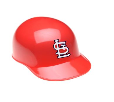 IRVINE, CALIFORNIA - FEBRUARY 27, 2019:  Closeup of a mini collectable batters helmet for the St. Louis Cardinals of Major League Baseball.