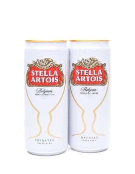 IRVINE, CA - JULY, 17, 2017: Cans of Stella Artois Beer on white. Stella has been brewed in Leuven, Belgium, since 1926, and launched as a festive beer, named after the Christmas star.