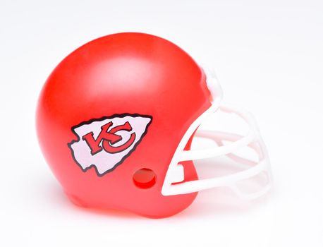 IRVINE, CALIFORNIA - AUGUST 30, 2018: Mini Collectable Football Helmet for the Kansas City Chiefs of the American Football Conference West.