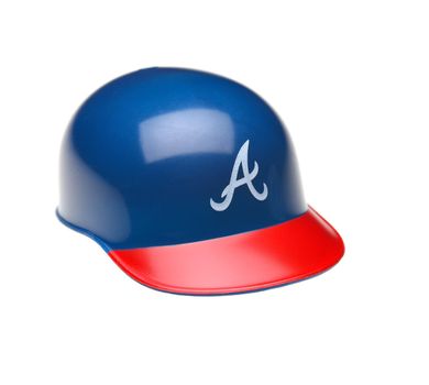 IRVINE, CALIFORNIA - FEBRUARY 27, 2019:  Closeup of a mini collectable batters helmet for the Atlanta Braves of Major League Baseball.