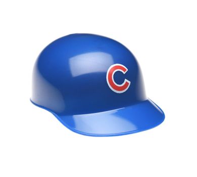 IRVINE, CALIFORNIA - FEBRUARY 27, 2019:  Closeup of a mini collectable batters helmet for the Chicago Cubs of Major League Baseball.