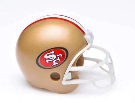 IRVINE, CALIFORNIA - AUGUST 30, 2018: Mini Collectable Football Helmet for the San Francisco 49ers of the National Football Conference West.