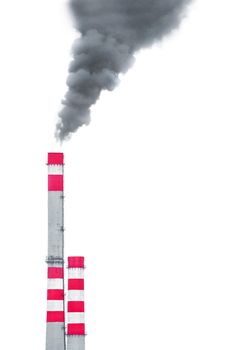 Environmental pollution, ecological problem, smoke from a pipe of a thermal power plant on a white background.