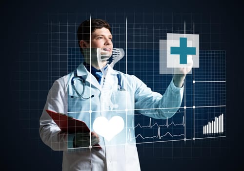 The doctor works with the virtual screen. Digital Medicine Concept