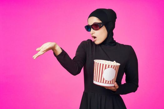 pretty woman entertainment cinema popcorn fashion isolated background. High quality photo