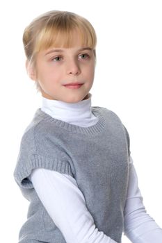 Beautiful little girl close-up. The concept of beauty and fashion, happy childhood. Isolated on white background.