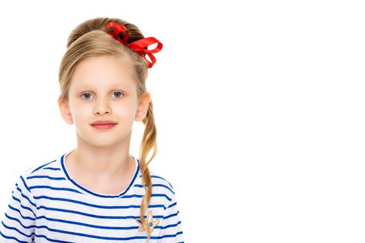 Beautiful little girl close-up. The concept of beauty and fashion, happy childhood. Isolated on white background.