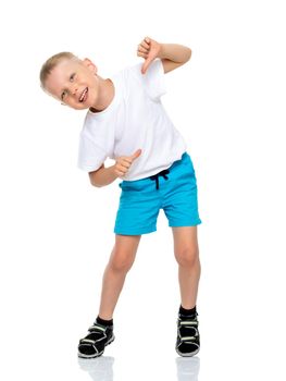 A cute little boy in a clean white T-shirt is pointing fingers at himself. The concept can be used to promote any products whose logo can be put on the surface of clothing.Isolated on a white background.