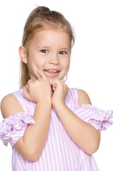 Beautiful little girl close-up. The concept of beauty and fashion, happy childhood. Isolated on white background.