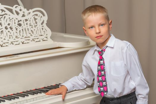 A cute little boy in a studio near a white grand piano. The concept of musical children's education, creative development of the child.