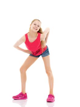 A gymnast girl prepares for the exercise. The concept of childhood and sport, a healthy lifestyle. Isolated on white background.