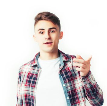 young handsome teenage hipster guy posing emotional, happy smiling against white background isolated, lifestyle people concept close up