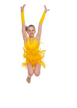 Girl gymnast performs a jump. The concept of fitness, gymnastics, sports. Isolated on white background.