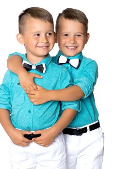 Two cute little boys, brothers close-up. The concept of a happy childhood, the development of a child in the family. Isolated on white background.