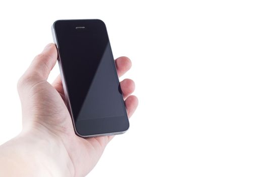 Black smartphone with a flare on the screen in hand on a white background. Isolate copyspace
