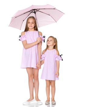 Lovely little girls hid under the umbrella. The concept of a happy childhood, family vacation. Isolated on white background.