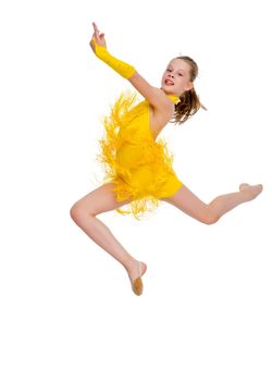 Girl gymnast performs a jump. The concept of fitness, gymnastics, sports. Isolated on white background.