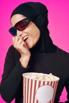 cheerful woman attractive look popcorn glasses movie watching isolated background. High quality photo