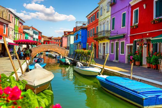 Bridge in colored Burano in summer, Italy