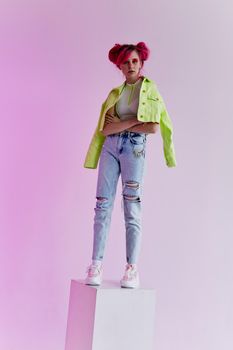 hipster woman with pink hair creative lifestyle fun design. High quality photo