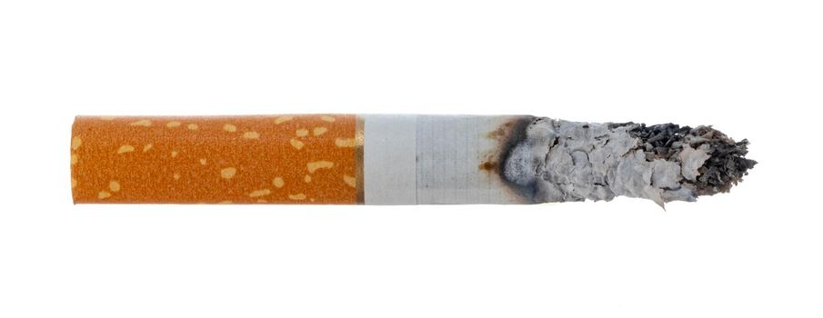 Lit cigarette isolated on white background close up top view