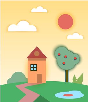 Rural summer landscape with house and tree. illustration