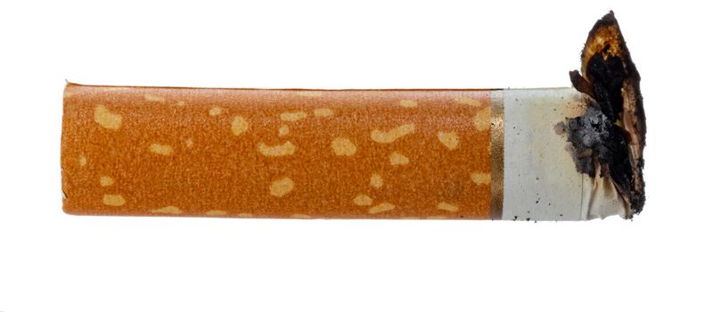 Extinguished cigarette butt isolated on white background close up