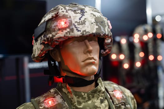 Mannequin in an army helmet and bulletproof vest.