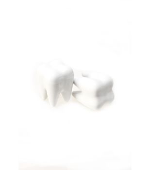 two fake teeth closeup isolated on white 