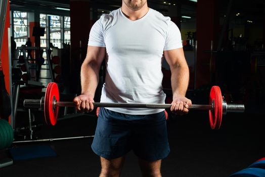 Man in the gym lifts the barbell. bodybuilding and healthy lifestyle