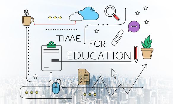 Time for education linear sketch on background of modern downtown. Internet learning and business knowledges. Mind map of educational web content. Commercial marketing and business presentation.