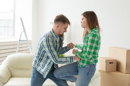 Negative emotions of couples, abuse and family fight concept. Husband and wife arguing and yelling expressive, beating each other and emotional couple having an argument or the quarrel at home.