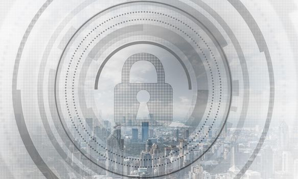 Cybersecurity mixed media with virtual locking padlock on cityscape background. Data privacy protection. Protect personal data and privacy from cyberattack. Internet identity and access management