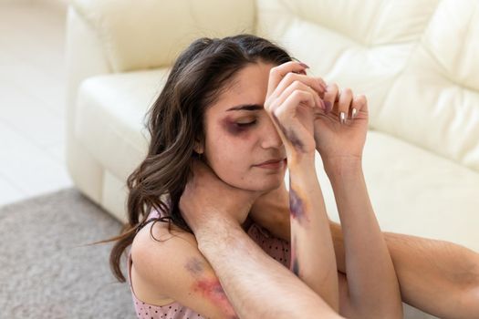 Victim, abuse and domestic violence - cruel man strangling his wife.