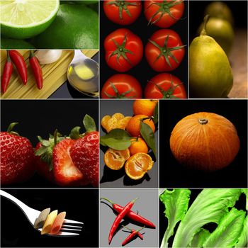 Organic Vegetarian Vegan dietetic  food collage  dark mood