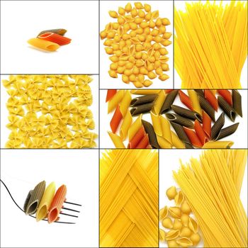 various type of Italian pasta collage on a square frame