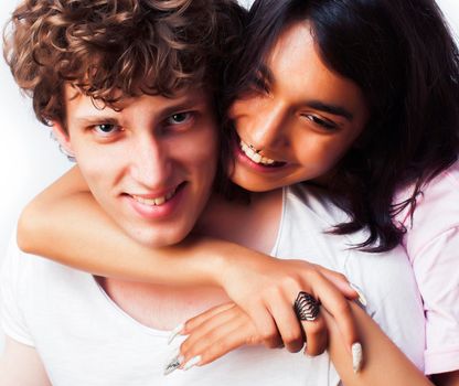 best friends teenage girl and boy together having fun, posing emotional on white background, couple happy smiling, lifestyle people concept, blond and brunette multi nations close up