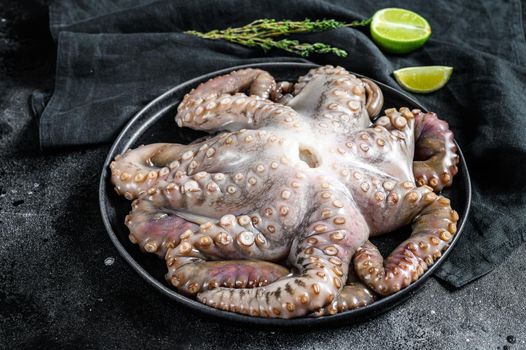 Fresh octopus with cooking ingredients, lime, thyme, chili pepper. Black background. Top view