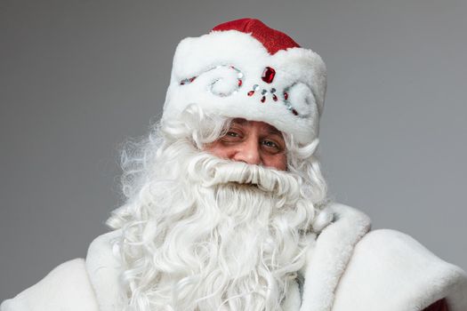 portrait of happy smiling father frost, picture isolated on light grey background