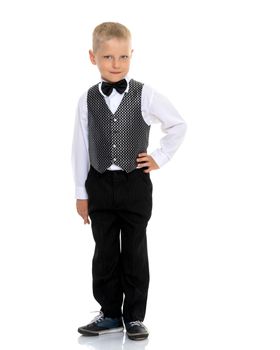 A cute little boy in a suit and a waistcoat with a butterfly. The concept can be used to advertise holidays, fashion shows. Isolated on white background.