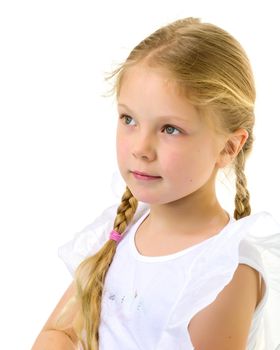 Close-up portrait of a little girl in a clean white t-shirt. You can put a logo or any other inscription on the shirt.