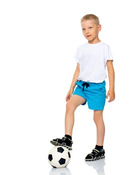 A cute little boy in a white T-shirt. The concept of promotional goods, inscriptions and drawings on clothes. Isolated on white background.